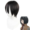 Black wig on a mannequin head with an anime character wearing the wig in the background