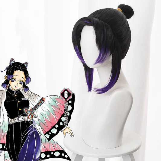 Black and purple wig of a female samurai anime character.

