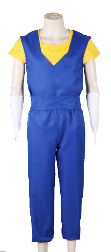 Blue jumpsuit with yellow sleeves on a mannequin against a white background