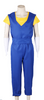 Blue jumpsuit with yellow sleeves on a mannequin against a white background