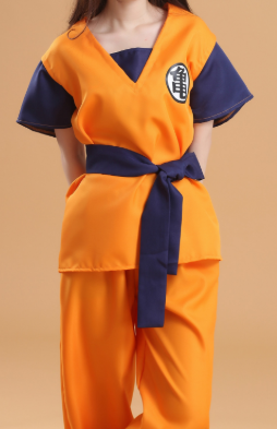 Person wearing an orange and blue outfit with a belt on a beige background