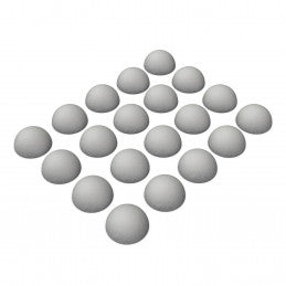 Gray spherical objects arranged in a pattern on a white background