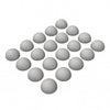 Gray spherical objects arranged in a pattern on a white background