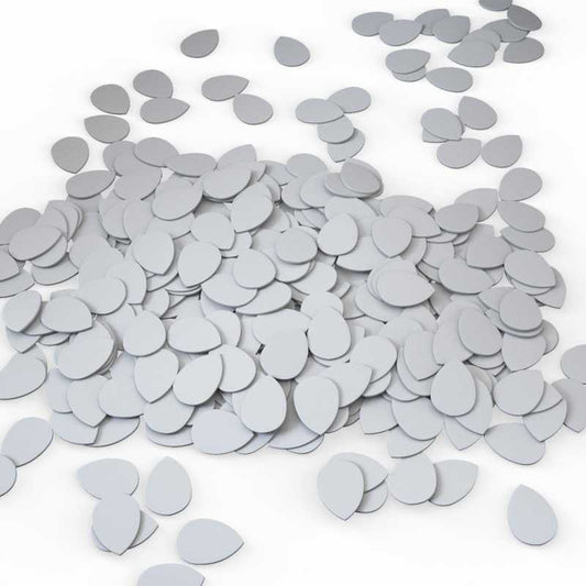 Gray tear-shaped confetti on a white background