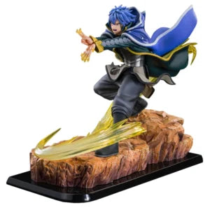 A collectible anime figurine of a blue-haired warrior character in a dynamic pose, mounted on a rocky base with a translucent yellow effect and a black display stand, shown against a plain white background.