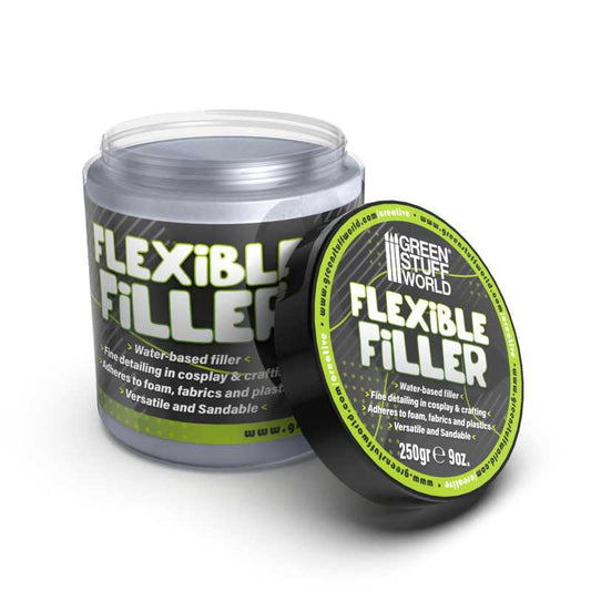 Container of flexible filler with green and black label on a white background