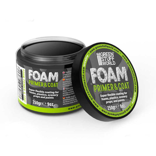 Green Stuff World foam primer and coat container with open lid on a white background