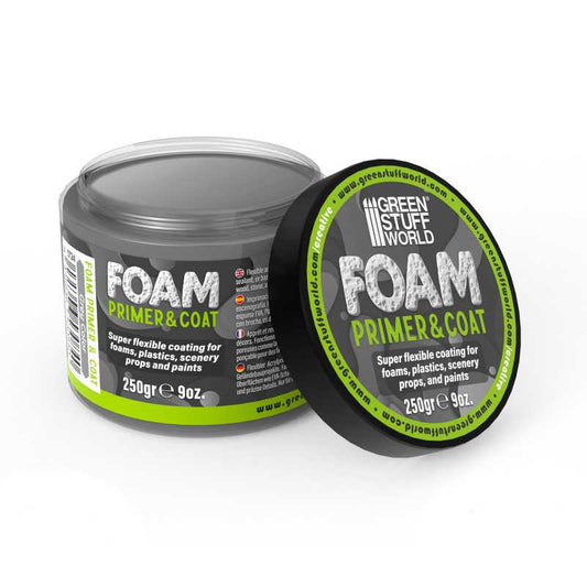 Green Stuff World foam primer and coat container with open lid on a white background
