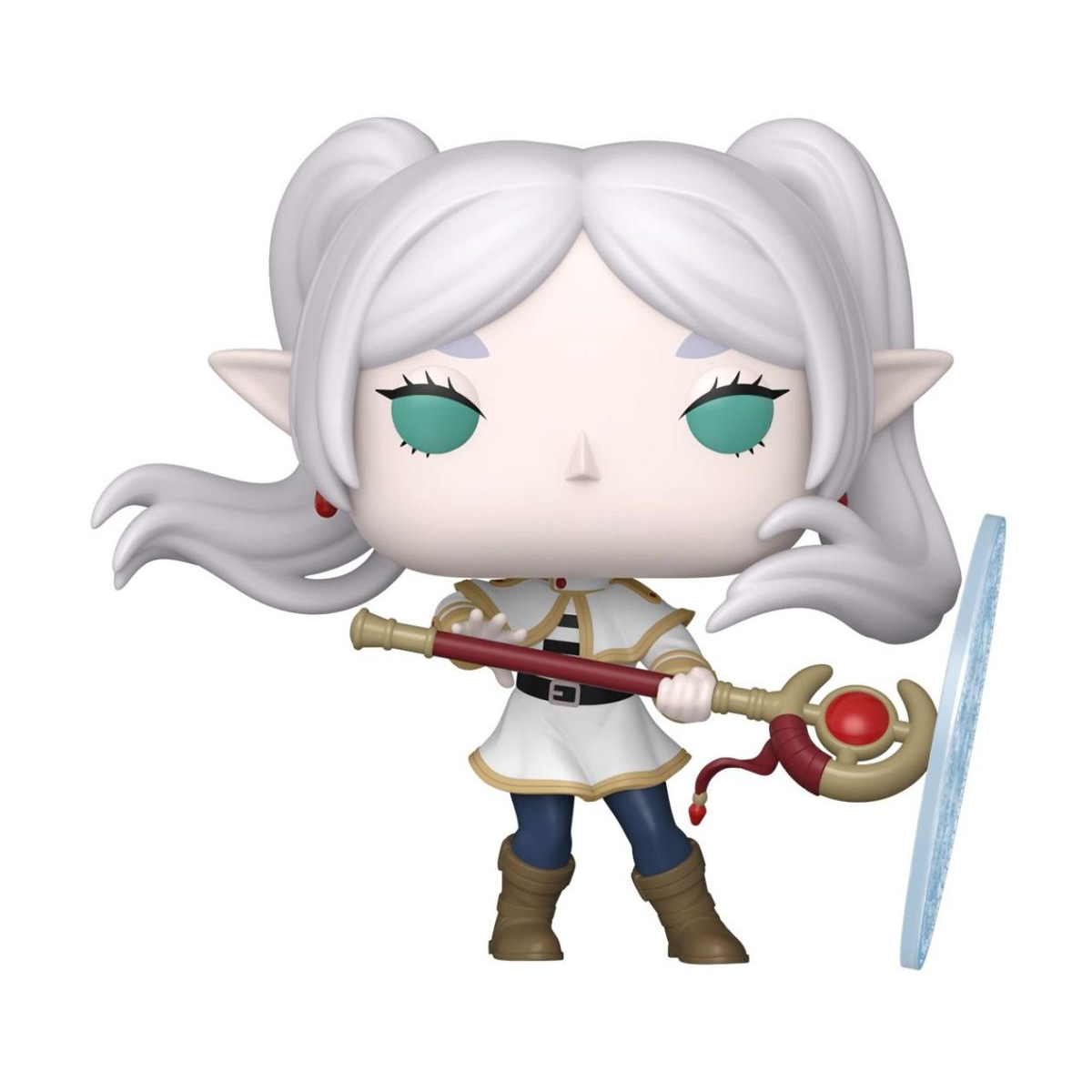 Funko Pop! vinyl figure of a female elf with white hair in pigtails, holding a staff and shield, on a plain white background.