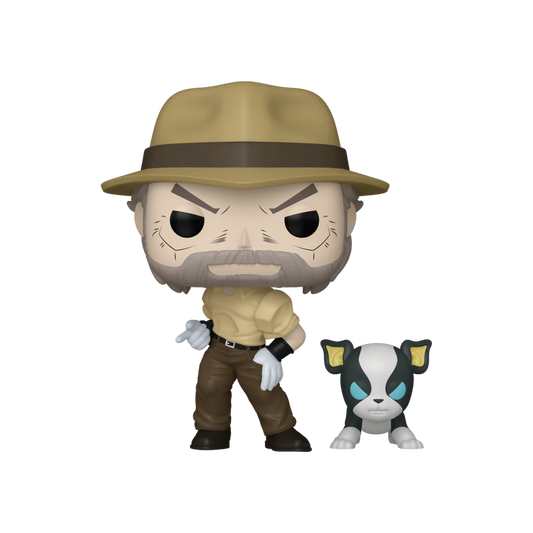 Funko Pop! vinyl figure of a stylized man in a tan hat and shirt with brown pants, standing next to a small black-and-white dog with blue eyes, on a plain white background.