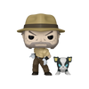 Funko Pop! vinyl figure of a stylized man in a tan hat and shirt with brown pants, standing next to a small black-and-white dog with blue eyes, on a plain white background.