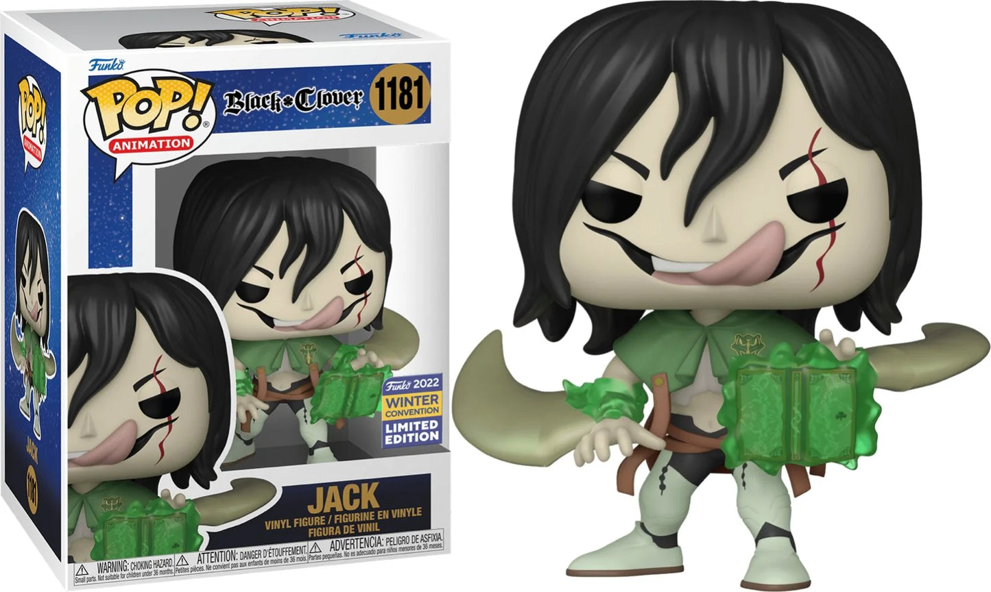 Funko Pop figure of Jack from Black Clover, featuring his distinctive mask and cloak, in collector packaging.