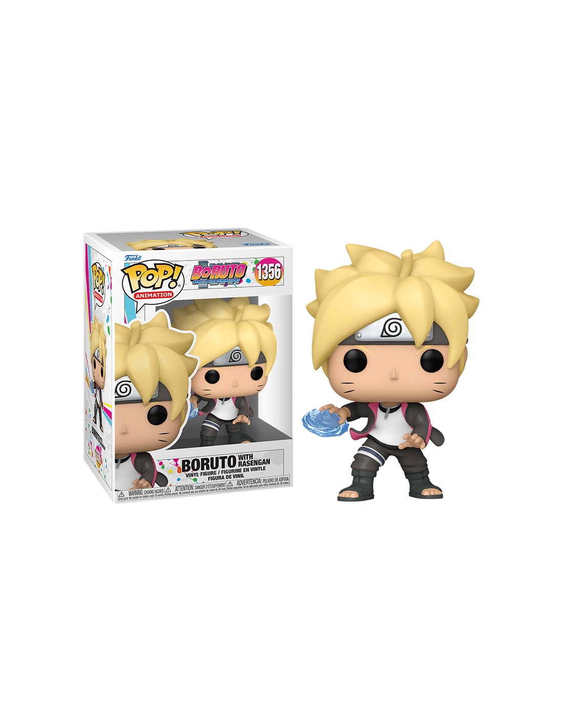 Funko Pop figure of Boruto Uzumaki from Boruto, depicted holding a glowing Rasengan, in collector packaging.