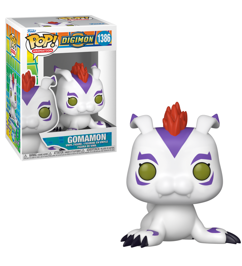 Funko Pop figure of Gomamon from Digimon, featuring the playful sea creature with detailed fins and markings, in packaging.