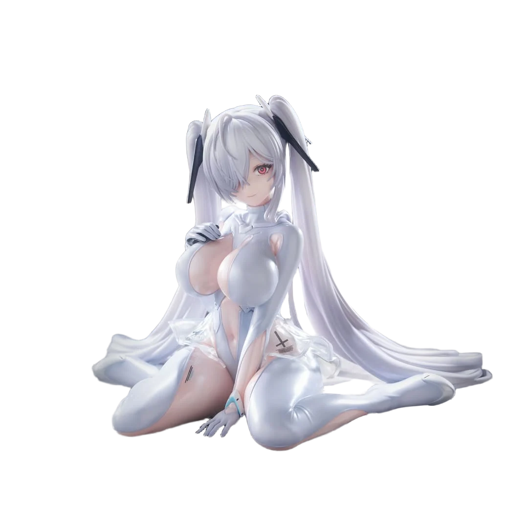 A stylized anime figurine of a female character with long silver-white hair and bunny ears, posed sitting with legs extended, wearing a glossy white outfit against a plain white background.