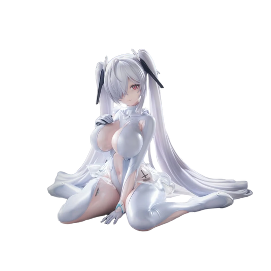 A stylized anime figurine of a female character with long silver-white hair and bunny ears, posed sitting with legs extended, wearing a glossy white outfit against a plain white background.