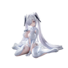 A stylized anime figurine of a female character with long silver-white hair and bunny ears, posed sitting with legs extended, wearing a glossy white outfit against a plain white background.