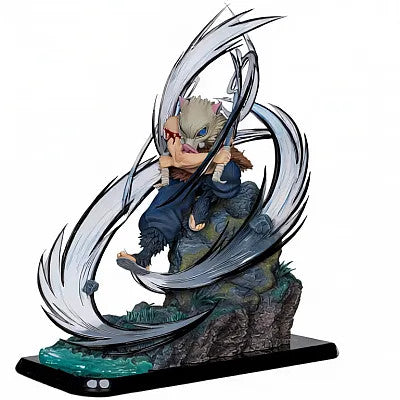 A detailed anime figurine of a character in a dynamic action pose, mounted on a rocky base with a swirling translucent effect and a black display stand, shown against a plain white background.