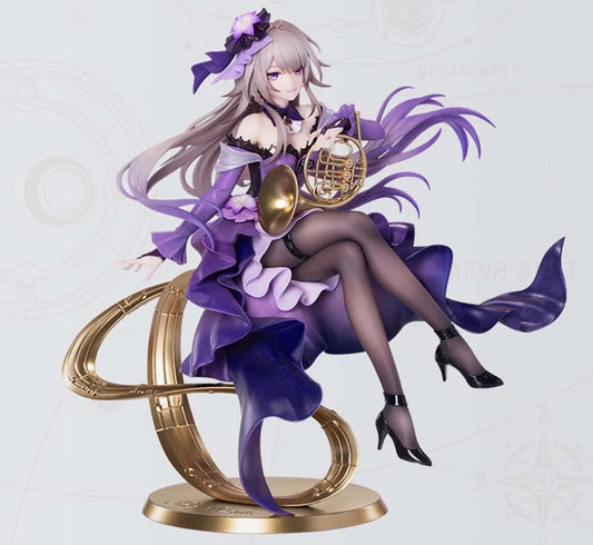 A detailed anime figurine of a female character with long lavender hair, wearing a purple and black ruffled dress, black thigh-high stockings, and holding a gold-toned musical instrument, posed on a gold-colored curved base against a pale gray background.