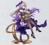 A detailed anime figurine of a female character with long lavender hair, wearing a purple and black ruffled dress, black thigh-high stockings, and holding a gold-toned musical instrument, posed on a gold-colored curved base against a pale gray background.