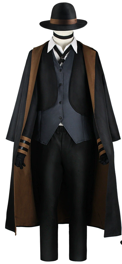 Costume with coat, vest, pants, and hat on a white background