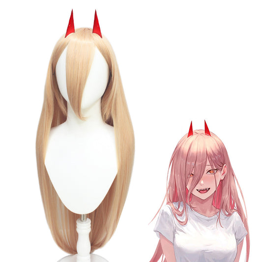Long brown wig with red horns from an anime chatacter. 