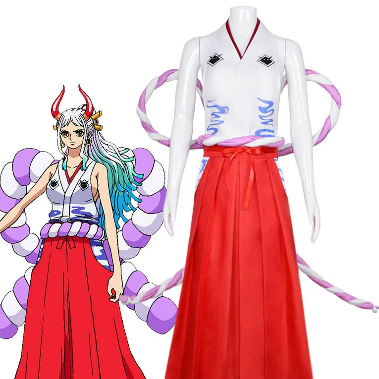 Cosplay costume set with red skirt, white top, and accessories on a mannequin, with an anime character illustration.