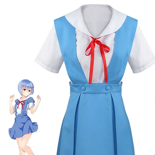 Blue school uniform with red ribbon on a white background