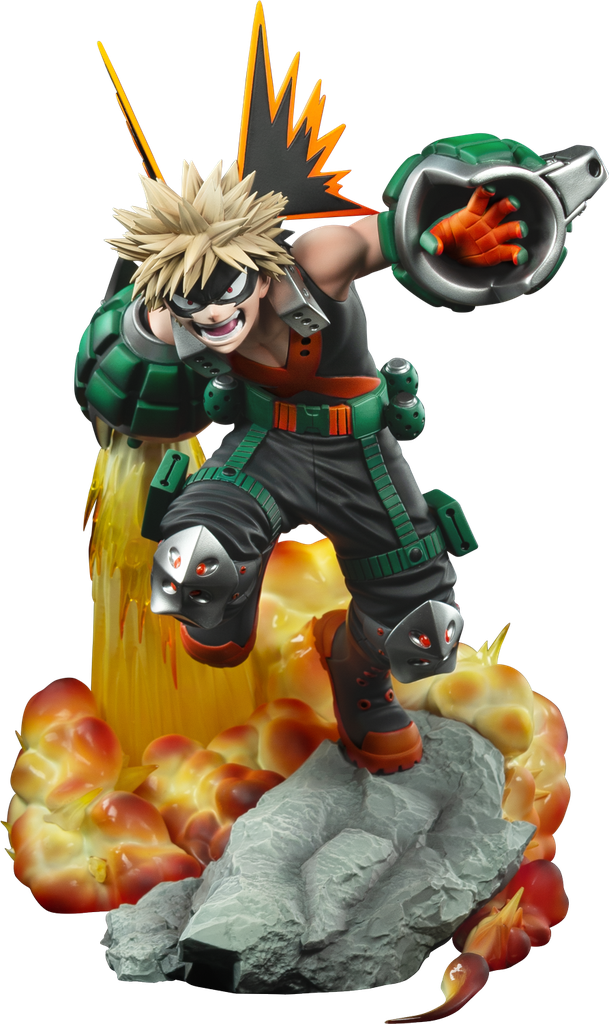 A collectible action figure of Katsuya Bakugo from My Hero Academia, posed dynamically on a rocky base with orange and yellow flames and a green and silver hero gauntlet.