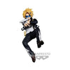 A collectible action figure of the character Tenko Arisaka from My Hero Academia in a dynamic floating pose, holding a white and black hero gun. The figure features spiky blond hair, blue sunglasses, a black and white uniform, and brown shoes, set against a plain white background with a Banpresto watermark.