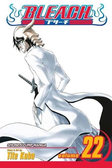 Manga book cover of 'Bleach' with a character in white clothing and a sword on a white background