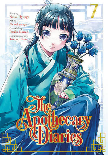Front cover of The Apothecary Diaries volume 7 manga book, featuring an illustrated young woman in teal and blue traditional robes holding a floral vase, with the title in large ornate gold lettering at the bottom.
