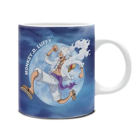 A white ceramic mug featuring a blue wraparound print of the anime character Monkey D. Luffy running, with his name printed in white text on the left side.