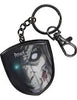 An Attack on Titan keychain featuring a shield-shaped charm with a black and white illustration of the Titan Levi, attached to a black metal split ring and swivel clasp on a white background.