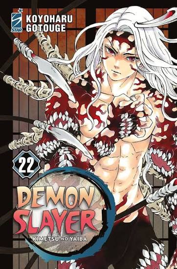 Manga cover of 'Demon Slayer' with a character holding a sword against a wooden panel background.