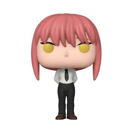 A stylized vinyl figure of a pink-haired anime character with yellow eyes, wearing a white shirt, black tie, and dark pants, shown against a plain white background.