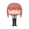 A stylized vinyl figure of a pink-haired anime character with yellow eyes, wearing a white shirt, black tie, and dark pants, shown against a plain white background.