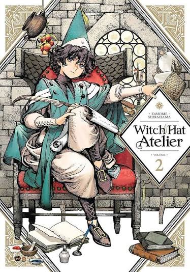 Illustrated book cover for 'Witch Hat Atelier Volume 2' showing a young witch in a teal hat and coat seated on a red chair in a stone room, with books, ink, and tools around her. The title and volume number are printed in a diamond-shaped label.
