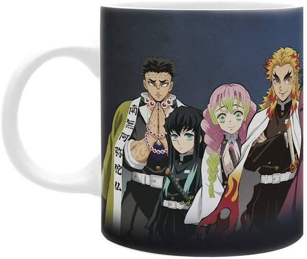 A white ceramic mug featuring a printed anime group illustration on the side. The design shows four characters against a dark navy background, with the mug handle and upper body visible on a plain white studio background.