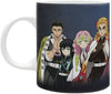 A white ceramic mug featuring a printed anime group illustration on the side. The design shows four characters against a dark navy background, with the mug handle and upper body visible on a plain white studio background.