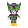 Plush toy of a character with green and purple outfit on a white background