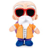 Plush toy of a character with sunglasses and an orange outfit on a white background