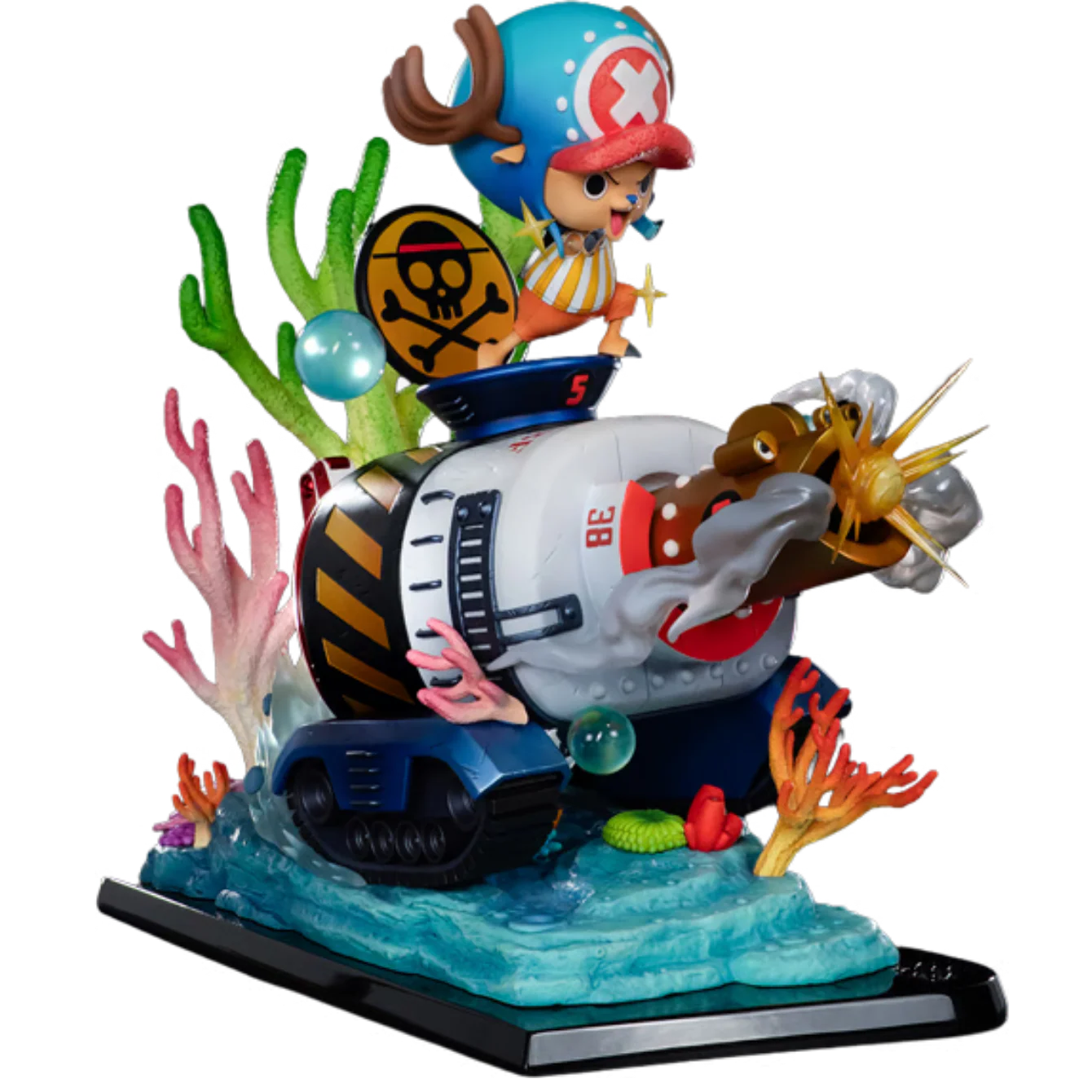 A detailed collectible figurine of a character riding a submarine underwater, surrounded by coral and sea plants, on a black display base.