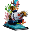 A detailed collectible figurine of a character riding a submarine underwater, surrounded by coral and sea plants, on a black display base.
