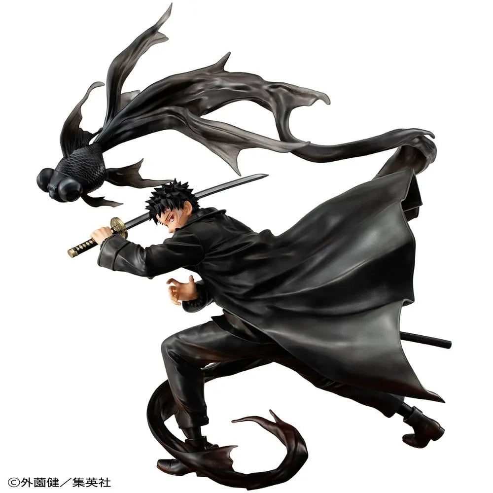 Action figure of a character in a dynamic pose with a sword and flowing hair on a white background