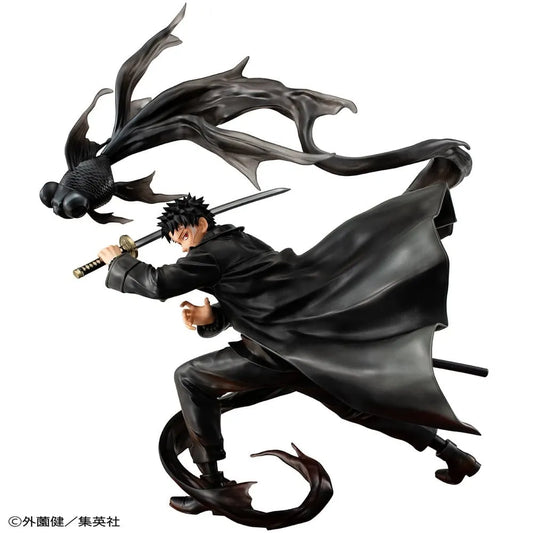 Action figure of a character in a dynamic pose with a sword and flowing hair on a white background