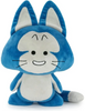 Blue and white plush toy with a happy expression on a white background