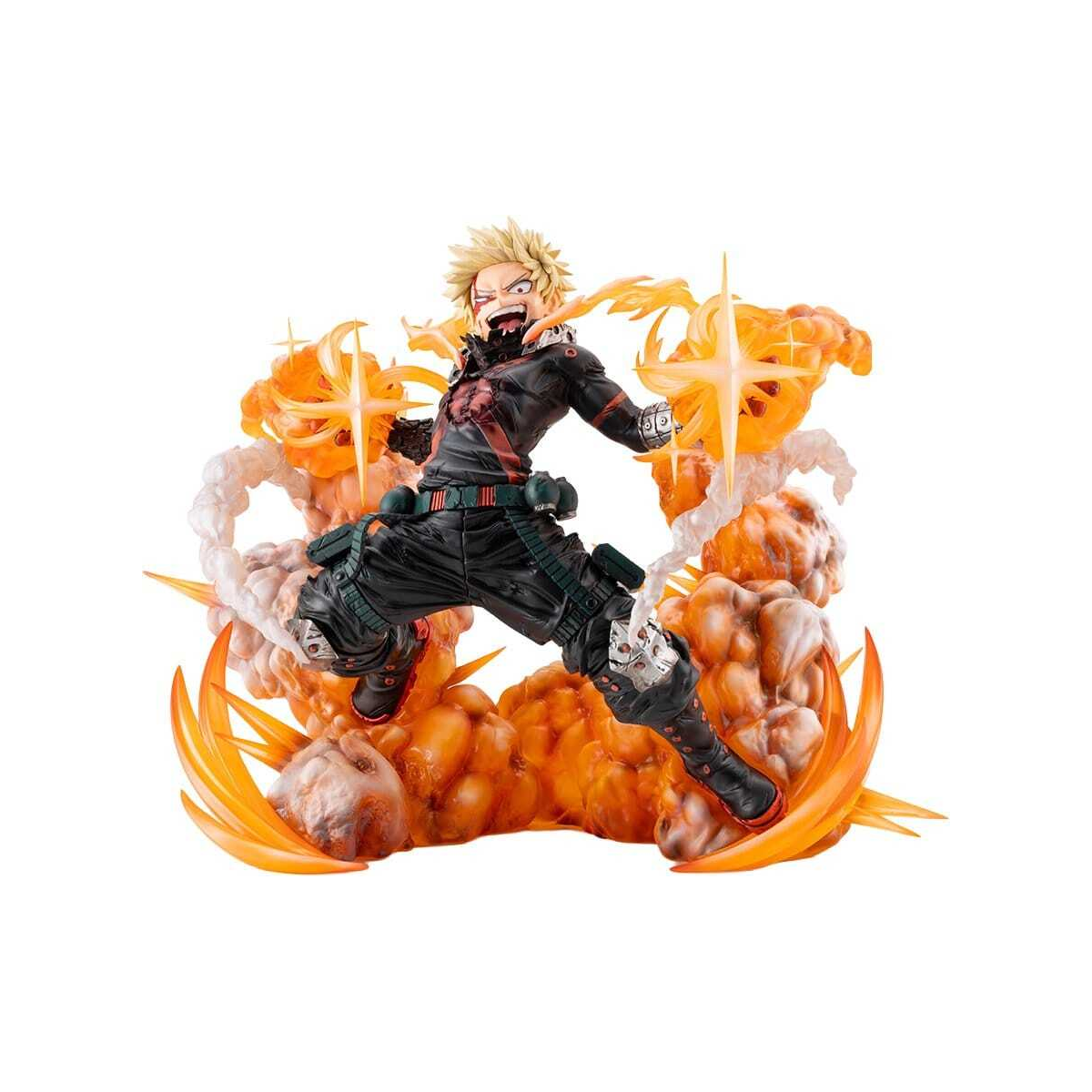 A dynamic anime action figure of a blond character in a black outfit with red details, posed mid-leap over orange energy effects and smoke on a plain white background.