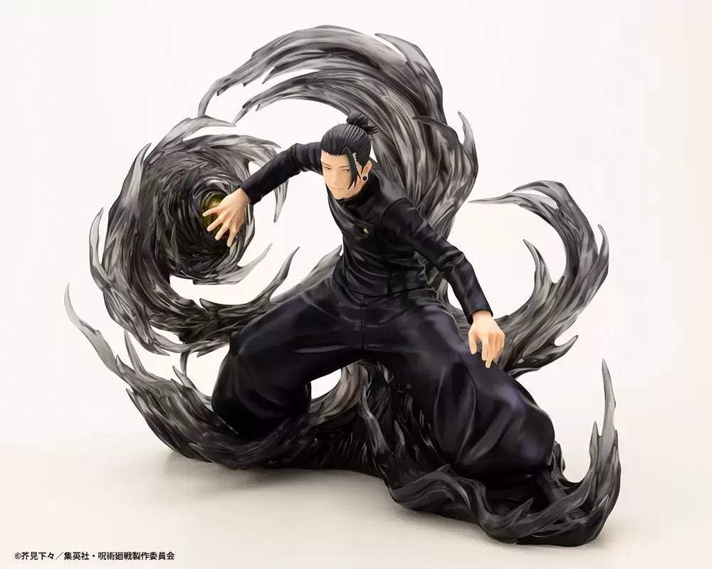 Kotobukiya ARTFXJ 1/8 scale Deluxe Edition Premature Death Version statue of Geto Suguru from Jujutsu Kaisen, featuring detailed sculpt and dynamic pose, with exclusive accessories, in collector packaging.