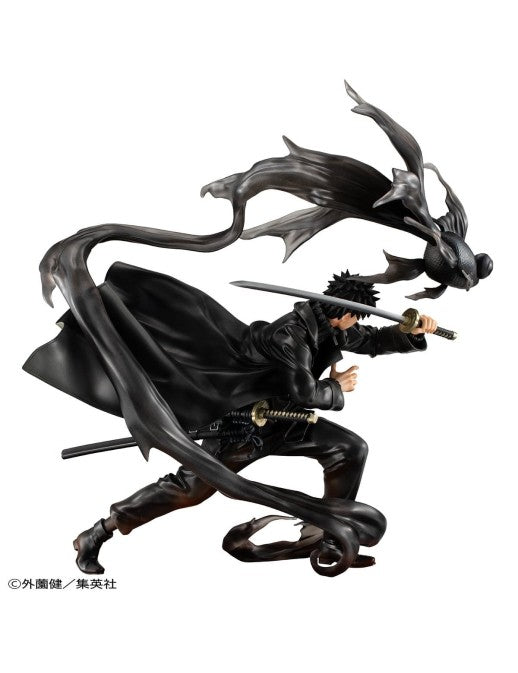 A collectible action figure of Katakuri from One Piece in a dynamic battle pose, accompanied by his black dragon, Blackbeard the Bone, against a plain white background.